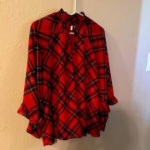 Cato Red and Black Plaid Flutter Mock Top